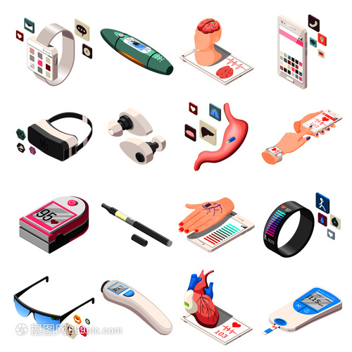 便携式电子产品在医学生活中的等距图标应用